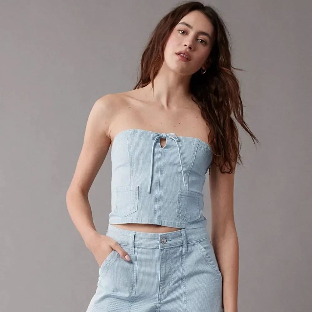 AE Light Blue Pin Stripe Vintage Wash Railroad Denim Cropped Spaghetti Top